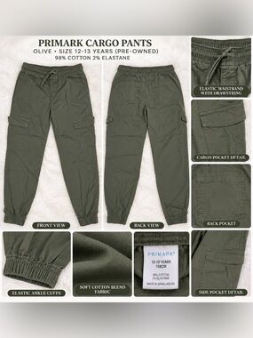 PRIMARK CARGO JOGGER PANTS – OLIVE GREEN SIZE 12-13 YEARS (PRE-OWNED) A39